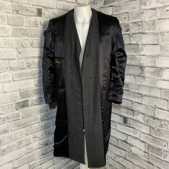 Vintage 90s Union Label Charcoal Herringbone Wool Tweed Overcoat Long Pea Coat - Picture 9 of 16